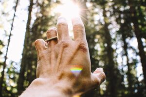 A hand stretches up into the sky, catching the incoming sunlight, surrounded by a forest. Rays of sunlight break through the trees, a rainbow effect is visible.