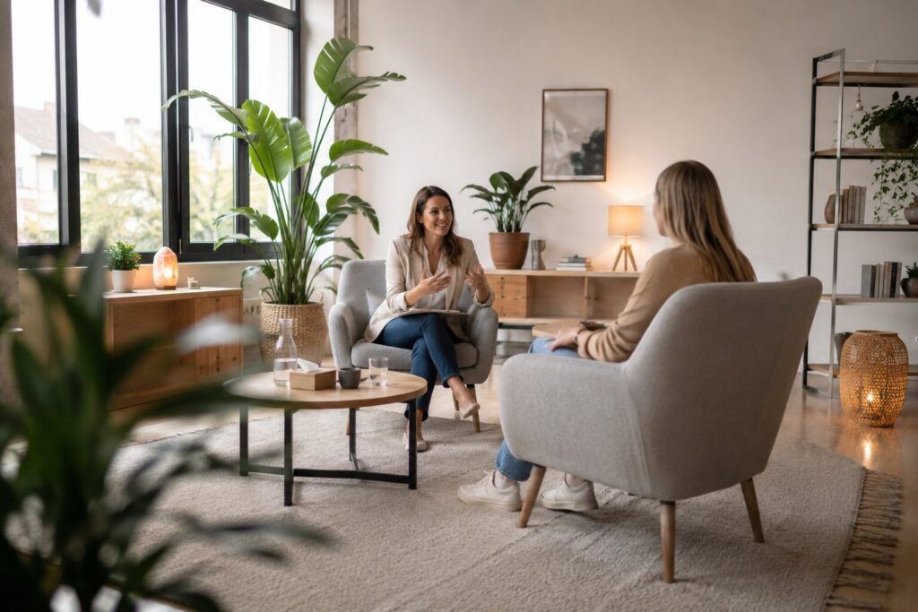 Weitwinkelaufnahme eines persönlichen Coaching-Gesprächs in einem hellen, modernen Coaching-Raum.