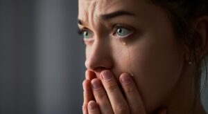 Eine Frau betrachtet besorgt etwas au&szlig;erhalb des Bildes und verdeckt ihren Mund mit ihren H&auml;nden. Tr&auml;nen laufen ihr &uuml;ber das Gesicht. Der Hintergrund ist unscharf und dunkel.