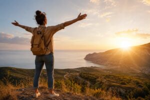 A woman with her arms outstretched on a mountain peak at sunrise—a symbol of freedom and breaking free from the rat race.