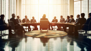 Eine Gruppe von Menschen sitzt in einem gro&szlig;en, modernen Konferenzraum an einem ovalen Tisch. Sie sind in eine Besprechung vertieft. Gro&szlig;e Fenster im Hintergrund lassen helles Sonnenlicht herein.