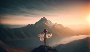 Eine Person steht mit ausgebreiteten Armen auf einem Berggipfel bei Sonnenaufgang. Im Hintergrund erstrecken sich majest&auml;tische, schneebedeckte Berge und ein ruhiger See im Tal.