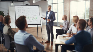 Ein Mann im Anzug pr&auml;sentiert vor einem Whiteboard mit Diagrammen. Er spricht zu einer Gruppe von sechs Personen in einem modernen, lichtdurchfluteten Konferenzraum.