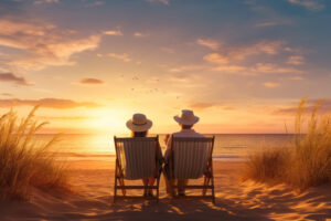 Zwei Personen sitzen in Liegest&uuml;hlen und betrachten bei Sonnenuntergang das Meer. Umgeben von Sand und D&uuml;nen, ist der Himmel von warmen Farben gef&uuml;llt, mit ein paar V&ouml;geln am Horizont.