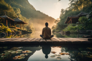 Eine Person sitzt meditativ auf einem Holzsteg, umgeben von ruhigem Wasser mit Seerosen. Im Hintergrund sind traditionelle Pavillons und &uuml;ppige gr&uuml;ne Vegetation vor einer Bergkulisse sichtbar.