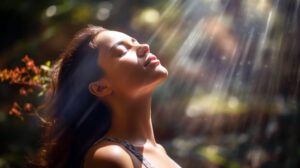 A woman stands in the sunlight with her eyes closed. She appears relaxed as the sun's rays illuminate her face. The background shows blurred, green nature.