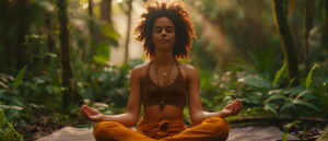 A person is meditating cross-legged on a mat in the forest. Surrounded by lush greenery and bright sunshine, she appears relaxed and focused. The atmosphere is peaceful and natural.