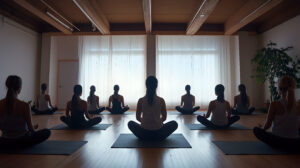 People sit cross-legged on yoga mats. They are doing meditative exercises. The room is bright, with a wooden floor and modern furnishing details. Large windows let in daylight. Plants decorate the corners.