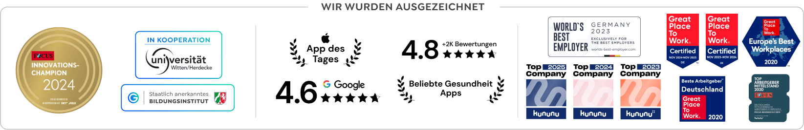 Greator awards: Innovation Champion 2024 from Focus, Kununu Top Company 2023-2025, Great Place to Work certified 2020-2024 and World's Best Employer 2023.