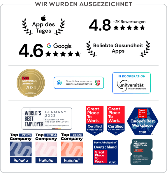 Greator-Auszeichnungen: Innovations-Champion 2024 von Focus, Kununu Top Company 2023–2025, Great Place to Work zertifiziert 2020–2024 und World’s Best Employer 2023.