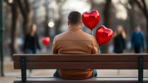Mann sitzt auf einer Parkbank, h&auml;lt zwei rote Herzluftballons. Der Park ist belebt mit unscharfen Spazierg&auml;ngern im Hintergrund, winterliche B&auml;ume rahmen die Szene. Stimmung wirkt ruhig und romantisch.