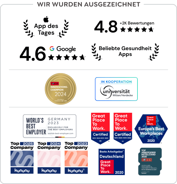 Greator-Auszeichnungen: Innovations-Champion 2024 von Focus, Kununu Top Company 2023–2025, Great Place to Work zertifiziert 2020–2024 und World’s Best Employer 2023.