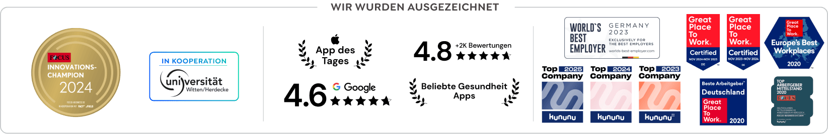 Greator-Auszeichnungen: Innovations-Champion 2024 von Focus, Kununu Top Company 2023–2025, Great Place to Work zertifiziert 2020–2024 und World’s Best Employer 2023.