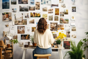 Eine Frau sitzt an einem Tisch voller Pflanzen und B&uuml;cher, betrachtet eine Wand voller Fotografien und Notizen, die eine k&uuml;nstlerische und kreative Atmosph&auml;re schaffen.