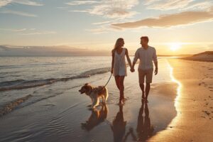 Ein Paar spaziert bei Sonnenuntergang am Strand mit einem Hund an der Leine. Der Himmel ist leicht bew&ouml;lkt, und das Licht hinterl&auml;sst goldene Reflexionen im Wasser.