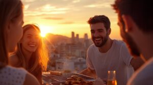 Personen sitzen um einen Grill, lachen und genie&szlig;en den Sonnenuntergang auf einer st&auml;dtischen Dachterrasse. Der Himmel ist orange leuchtend, Geb&auml;ude sind im Hintergrund sichtbar. Keine Textelemente vorhanden.