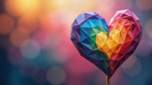 Ein geometrisch geformtes, regenbogenfarbenes Herz schwebt vor einem unscharfen, bunten Hintergrund, der warme, leuchtende Bokeh-Lichter zeigt. Das Herz hat eine facettierte Oberfl&auml;che mit lebendigen Farbsegmenten.