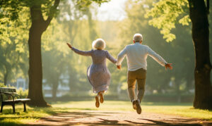 Ein &auml;lteres Paar springt freudig Hand in Hand einen baumbestandenen Parkweg entlang. Die Sonne scheint durch die Bl&auml;tter und erzeugt eine warme, einladende Atmosph&auml;re. Eine Parkbank steht am Wegrand.