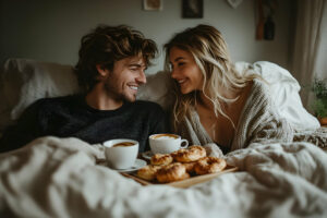 Ein Mann und eine Frau l&auml;cheln einander an, w&auml;hrend sie im Bett sitzen. Vor ihnen steht ein Tablett mit Kaffee und Geb&auml;ck, umgeben von einer gem&uuml;tlichen Schlafzimmerumgebung.