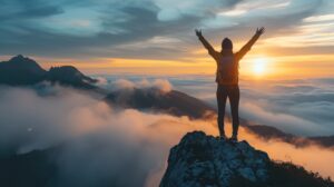 Eine Person steht mit ausgebreiteten Armen auf einem Felsen, &uuml;ber einer nebligen Landschaft, w&auml;hrend die Sonne am Horizont aufgeht. Umgeben von Bergen und einer dichten Wolkendecke.