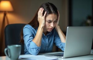 Eine Frau sitzt frustriert vor ihrem Laptop.
