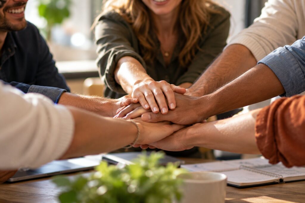 Nahaufnahme übereinandergelegter Hände beim Teamcoaching als Symbol für Zusammenhalt, Vertrauen und erfolgreiche Zusammenarbeit.