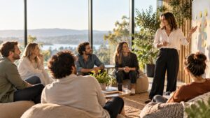 Teamcoaching in einem hellen Workshopraum mit gemeinsamer Diskussion zur Verbesserung von Kommunikation, Vertrauen und Zusammenarbeit.