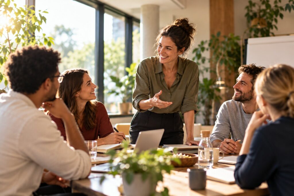 Teamcoaching in einem modernen Büro mit gemeinsamer Diskussion zur Stärkung von Teamarbeit, Kommunikation und Vertrauen.