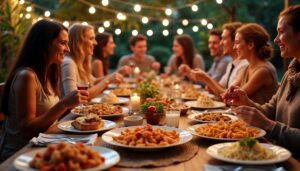 Freunde sitzen am Tisch, feiern, essen und trinken und haben dabei sehr viele Themen zum Reden.