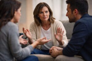 Mediator calmly guiding tense conversation between two people during de-escalation training session.