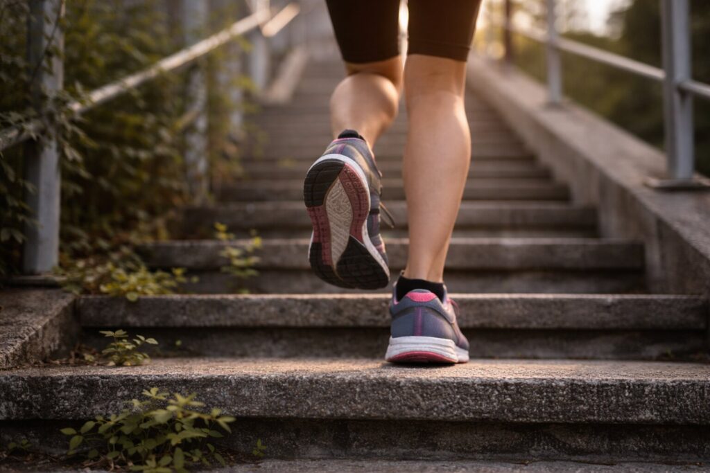 Person climbing stairs in sneakers represents progress through small consistent actions
