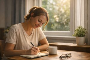 Woman writing small goals in notebook with morning sunlight, calm and focused mindset