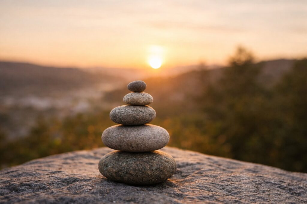 Stacked stones in warm light reflect building confidence through small achieved goals