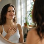 A woman looks at herself confidently in the mirror and radiates self-love and inner growth.