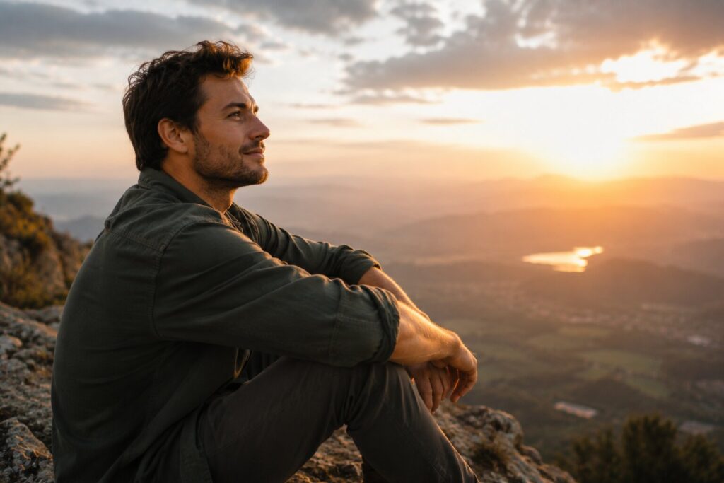Thoughtful man on mountain peak symbolizes inner strength, self-confidence and personal growth at sunset.