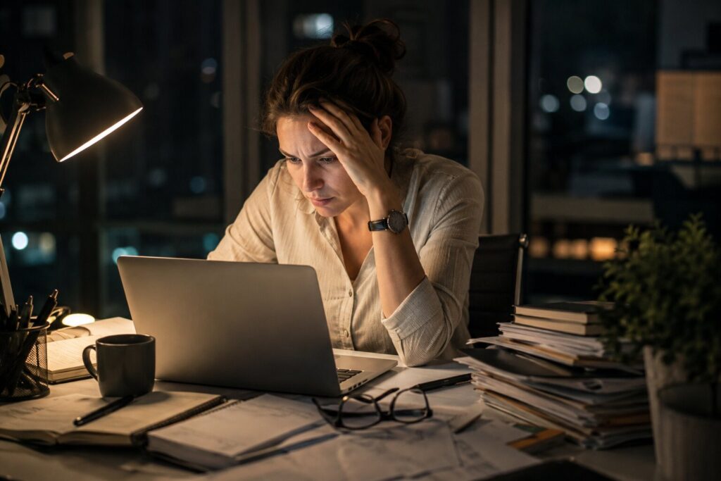 Stressed woman overanalyzing tasks at home while dealing with anxiety and the need for control.