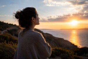 Woman letting go of control while finding inner peace beside the ocean at sunset.