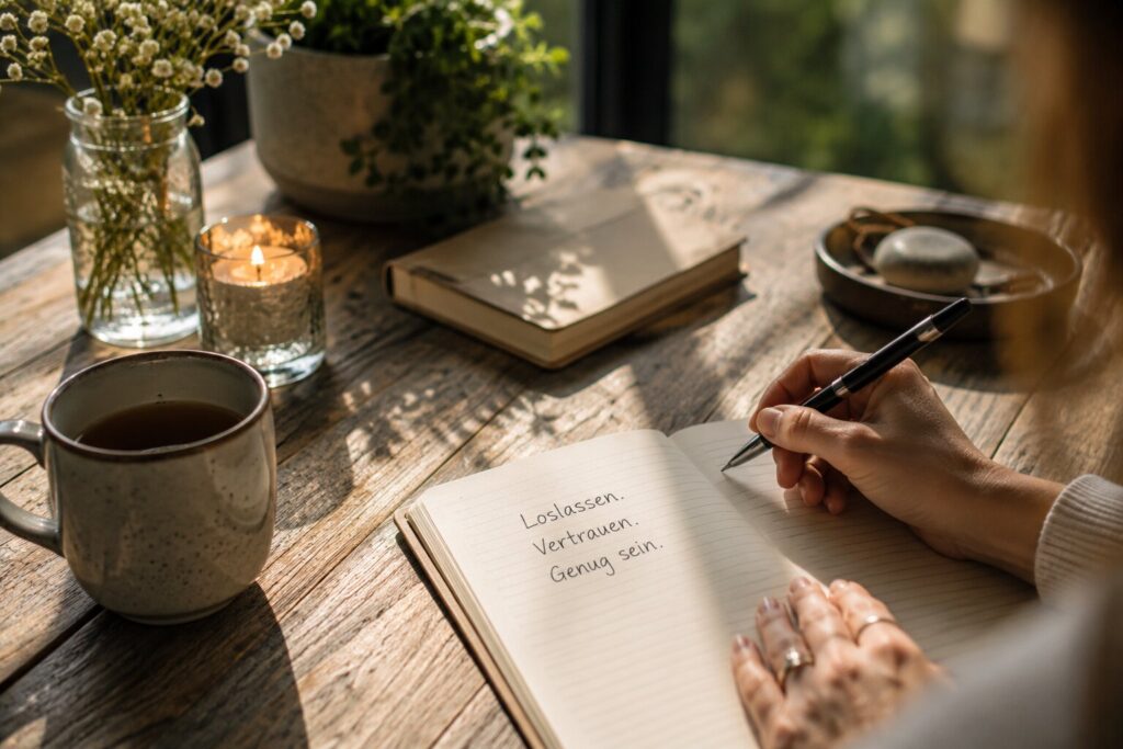 Journaling self-trust and letting go habits in a peaceful morning mindfulness routine.