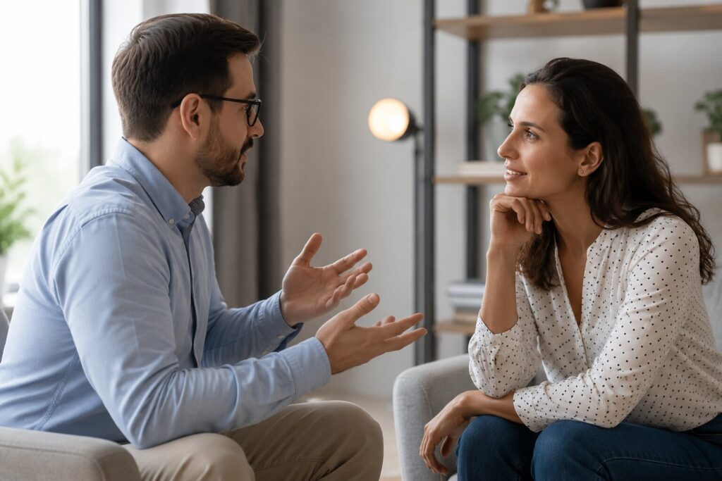 Verbale und nonverbale Kommunikation zwischen zwei Menschen in einem persönlichen Gespräch.