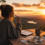 Frau bei der Visionsarbeit am Holztisch mit Notizbuch und inspirierendem Sonnenuntergang in der Natur.