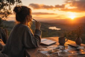 Frau bei der Visionsarbeit am Holztisch mit Notizbuch und inspirierendem Sonnenuntergang in der Natur.