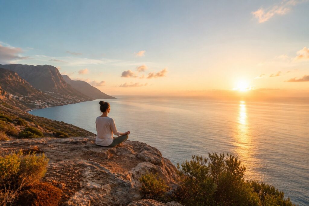 Frau bei Atemmeditation aus weiter Perspektive in einem ruhigen, lichtdurchfluteten Raum.