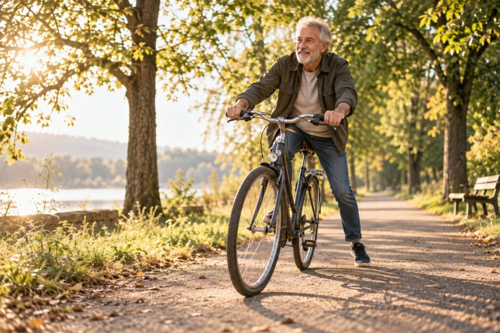 Älterer Mann lernt Radfahren – Neuroplastizität und lebenslanges Lernen im Alltag.