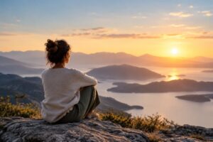Frau genie&szlig;t den Sonnenuntergang in den Bergen und reflektiert &uuml;ber Ikigai und ihren Lebenssinn.