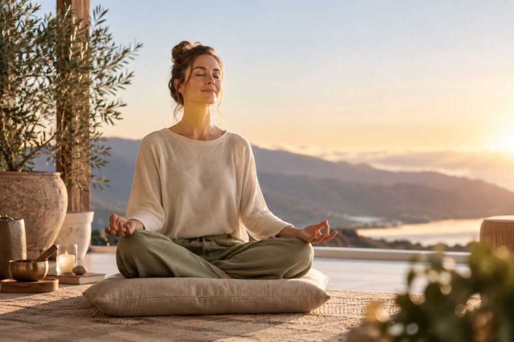 Frau meditiert achtsam in ruhiger Umgebung bei Sonnenuntergang – Meditation für innere Balance und Entspannung.